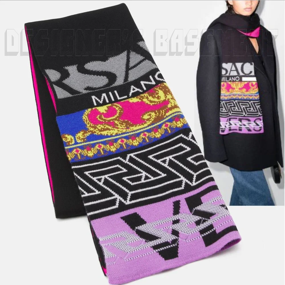 VERSACE Medusa Renaissance Greca Pattern Logo Intarsia wool blend knit scarf NWT - Picture 8 of 10